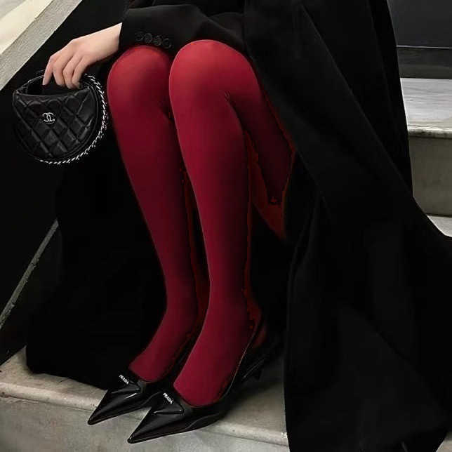 Plus-size Song Hye-kyo style wine-red sheer tights suitable for spring and autumn with a matte finish and no see-through effect T260922