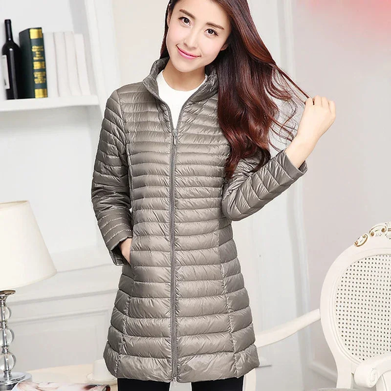 Autumn Winter Women White Duck Down Jacket Female ultra Light Slim Thin Zipper Warm Feather Long Down Coat Good Quality Parkas 260921