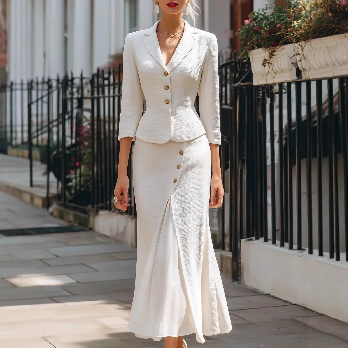 2026 Womens Fashion Spring Summer Solid Color SingleBreasted ThreeQuarter Sleeve Blazer Long Dress Button Split Skirt Set 260922