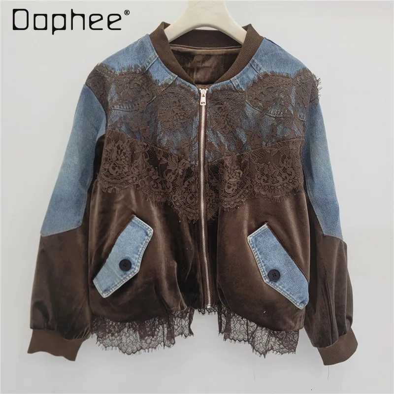 Women's Jackets Spring New Fashion Stitched Lace Loose Velvet Denim Jacket Trendy Personality Street Casual Versatile Baseball Jackets Women C2