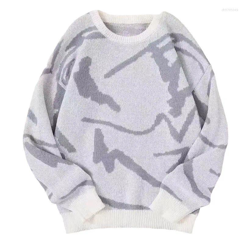 Men Graffiti Jacquard Pullover Sweater Casual Round Neck Contrast Color Knitwear Streetwear Fashion