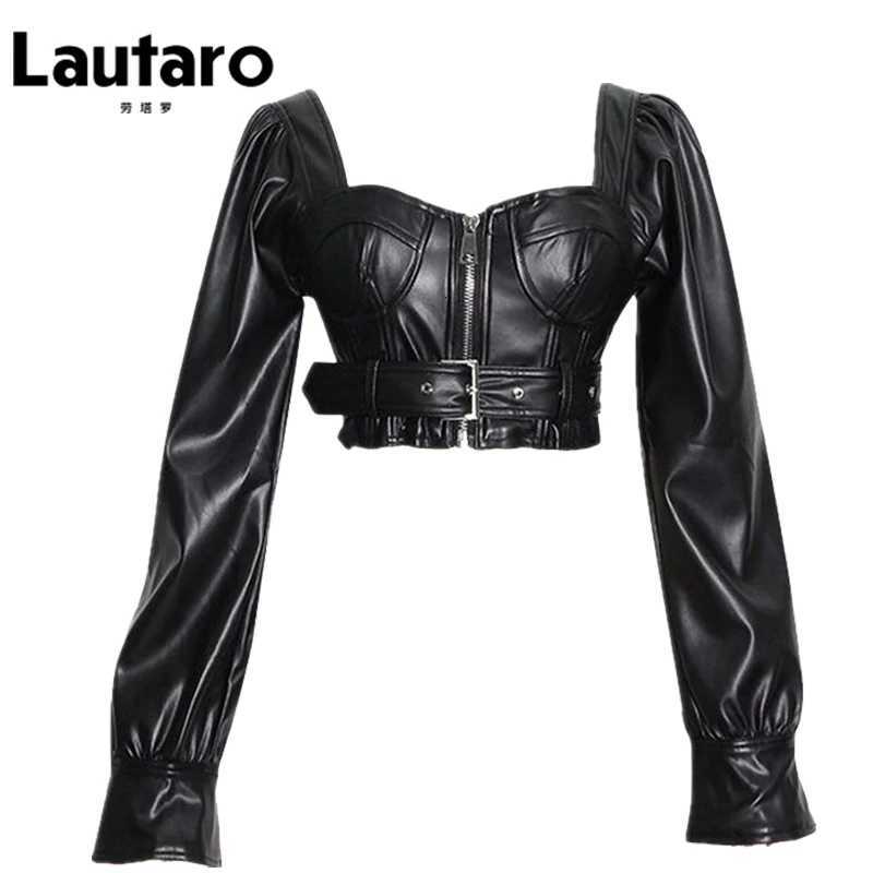 Leather Faux Women's Leather Lautaro Y2k Black Faux Leather Crop Top Women Square Neck Long Sleeve Zipper Cropped Jacket 2021 Sexy Backless Fas