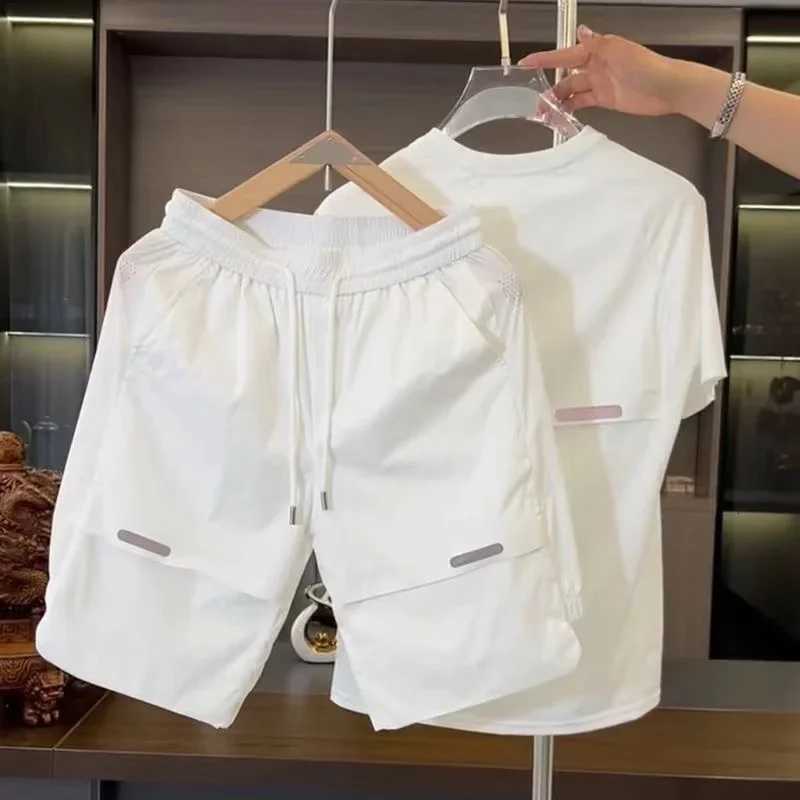 Summer Men's Tracksuits 2024 New Men's Breathable Perforated Ice Silk Short Sleeve Shorts Set Loose Quick Drying Sports and Leisure Two Pi