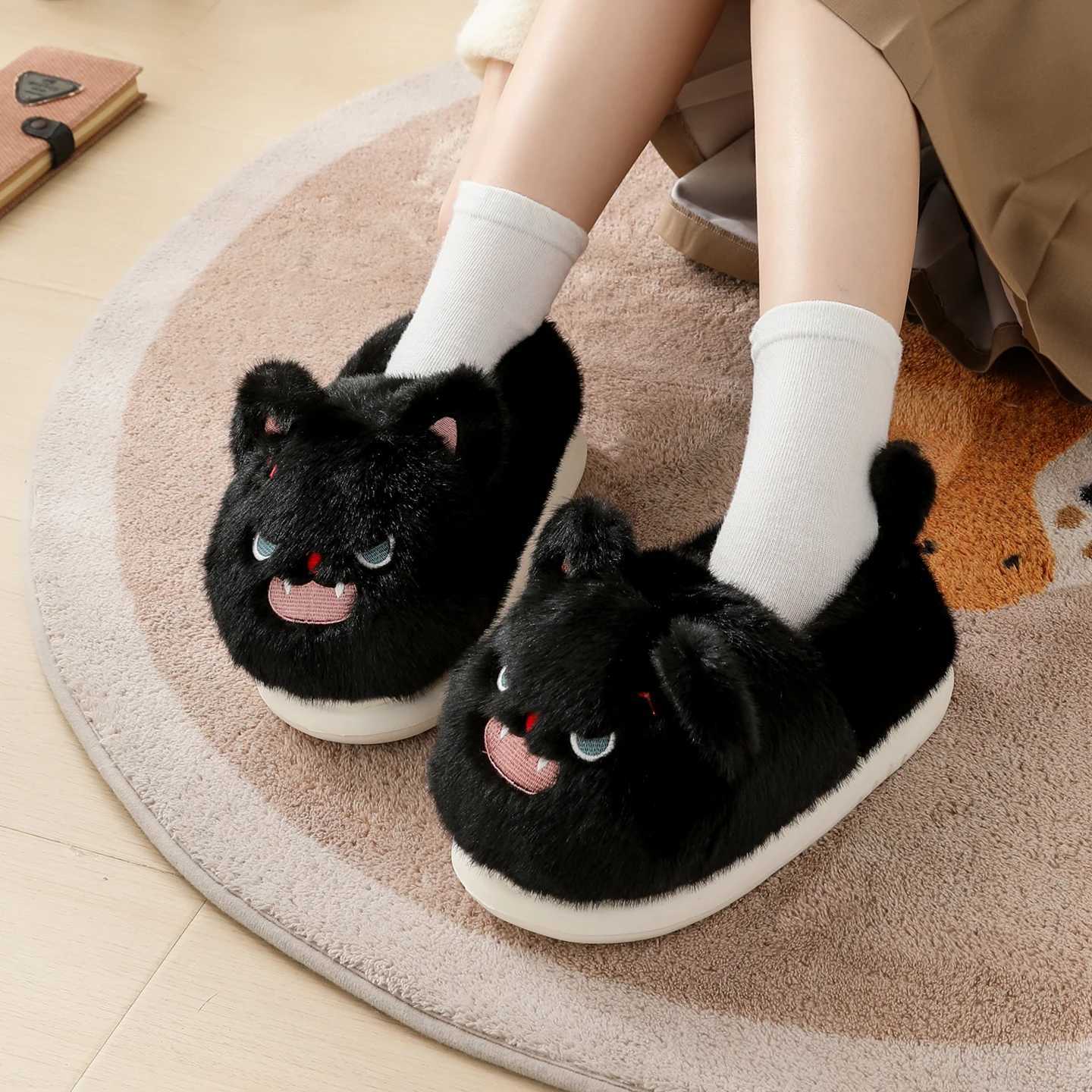 SHAJI Black Cat Cartoon Plus For Women Men Autumn Winter Kaii Non-Slip EVA Sole Indoor Warm Home Cotton Slippers T260922