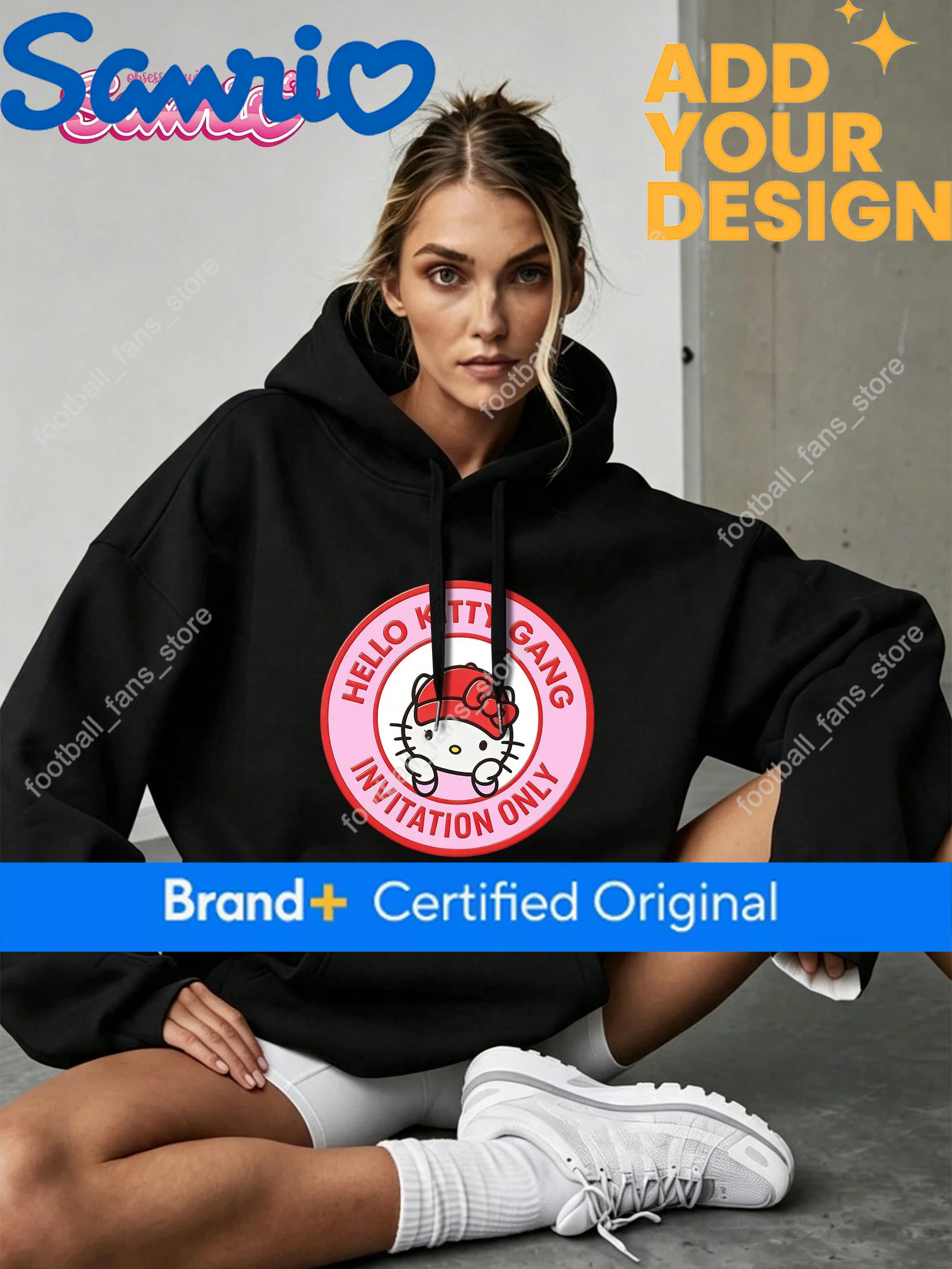 2026 Hello Kitty Pattern Round Badge Chest Printed Sanrio Casual Hoodie for Men and Women Y2k c0