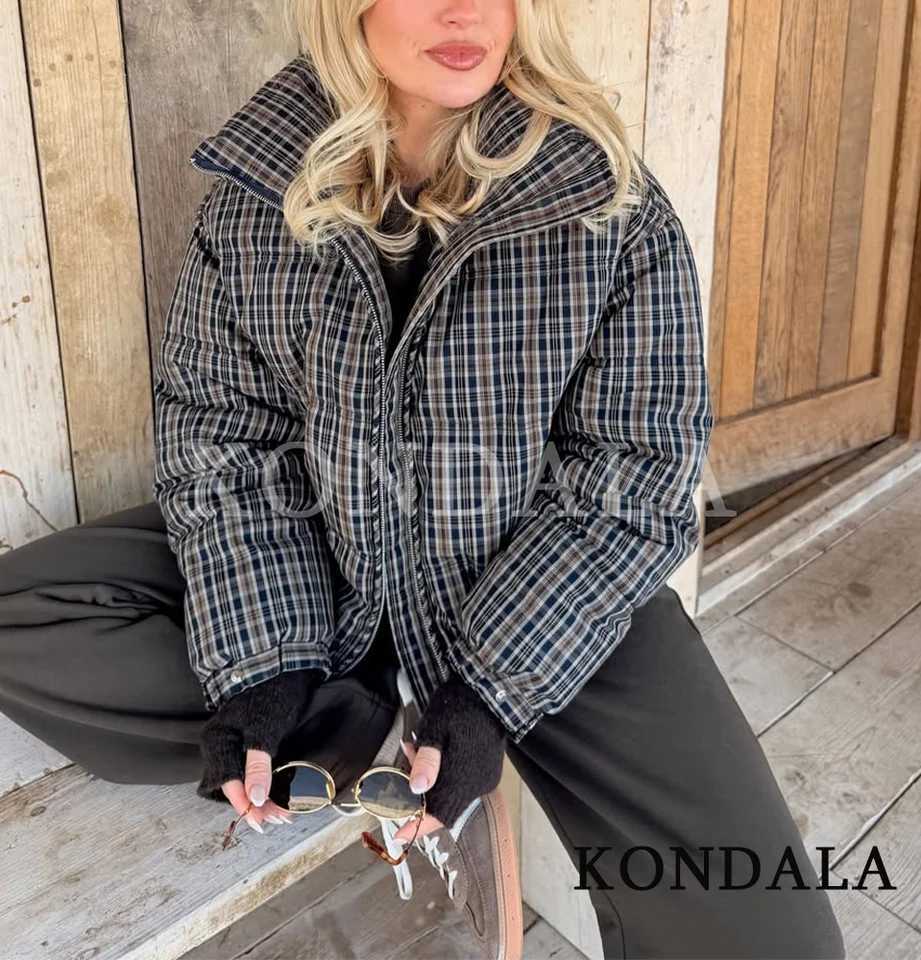 Women's Jackets KONDALA Trendy Vintage Plaid Padding Jacket Women Stand-up Collar Zipper Jacket 2026 Fall Winter Chic High Street Casual Jacket