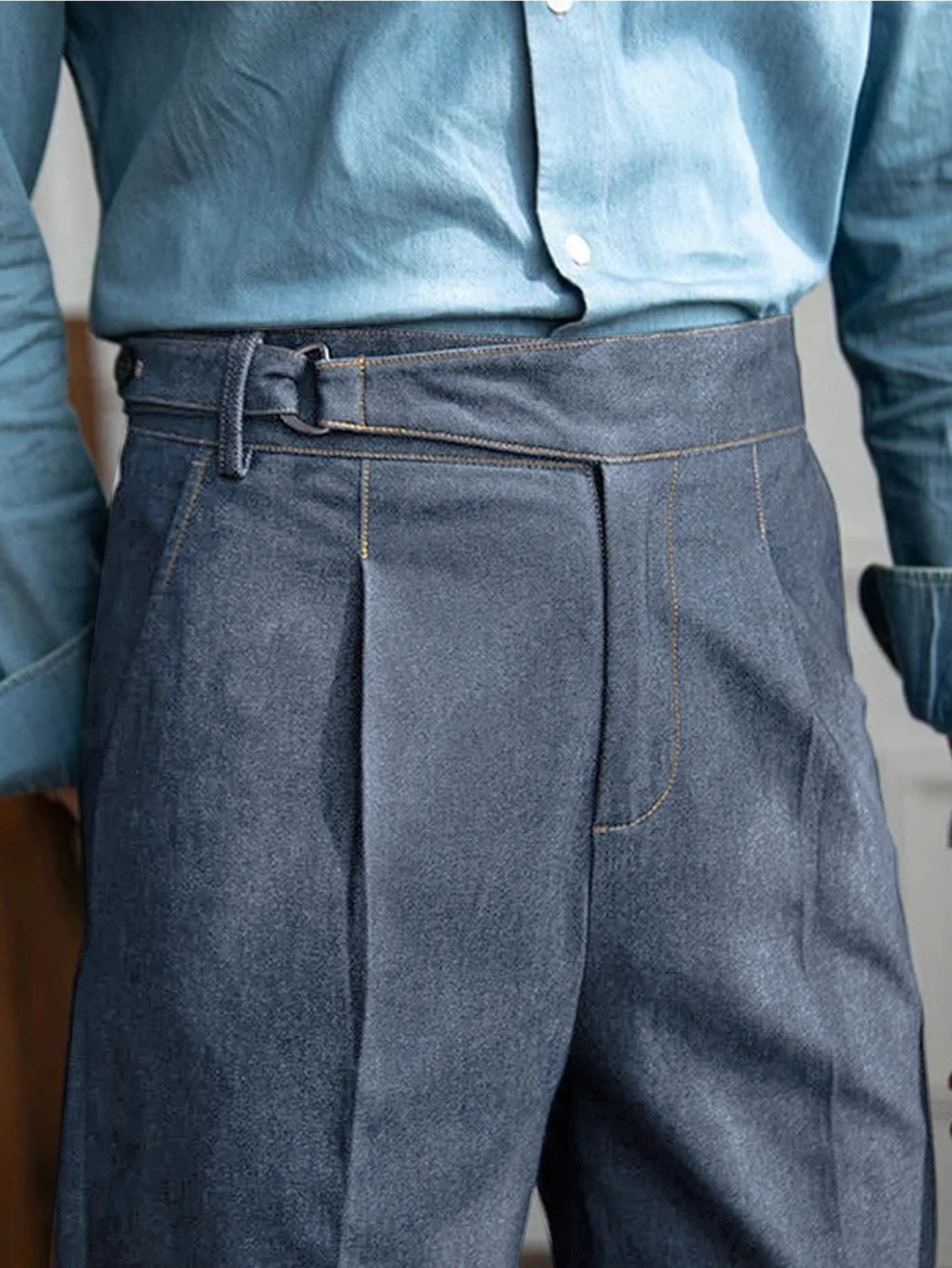 Pantaloni da uomo in denim stile napoletano italiano 2026 SS AW Jeans leggeri da lavoro a pieghe a vita alta dritti Premium 260922