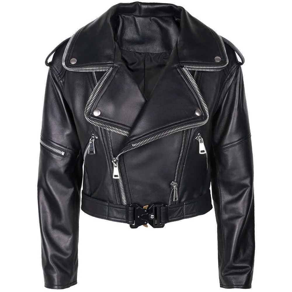 Black Genuine Trendy Leather Cropped Jacket Women Genuine Sheepskin Biker Coat with Zippered Lapel C260921