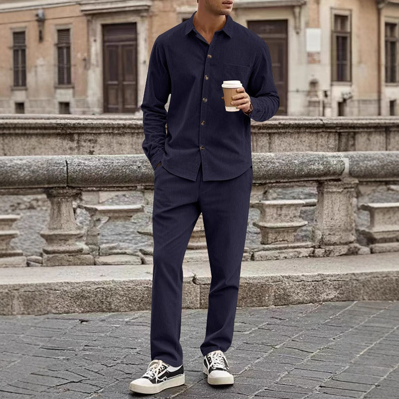 Mens suit Solid color corduroy tracksuits Long sleeve shirt and pants casual suits 2pcs sets