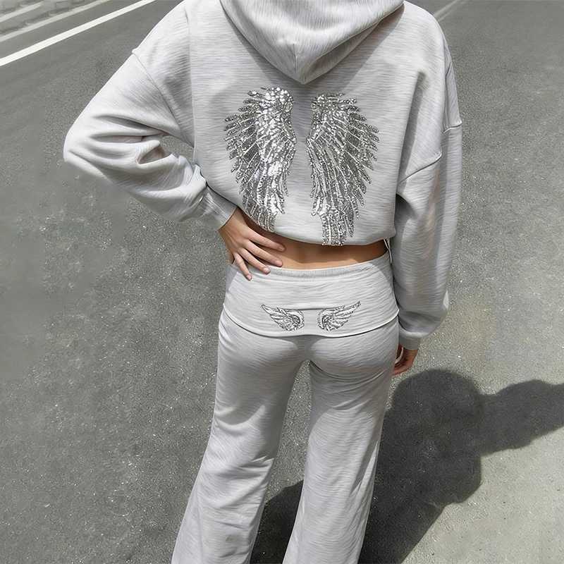 Shiny Baseball Sets Wings Retro Print Long Sleeve Zip Casual Sweatshirt Fall Winter Women's Hoodie Pants Set of 2 Solid Color Streetwear N26092