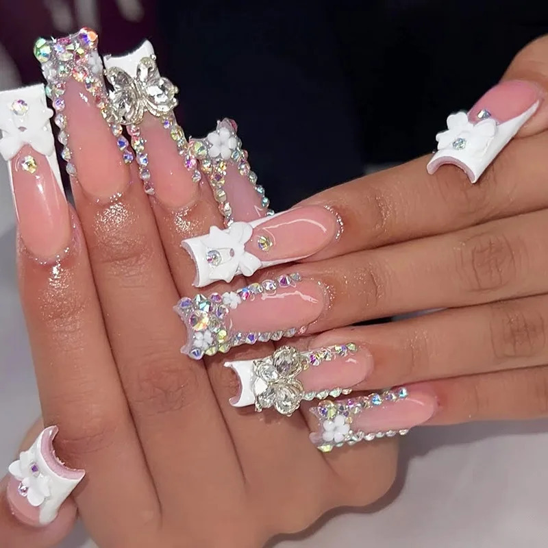 24Pcs Long French Fake Nails with Glue Ballet False Nails Butterfly Rhinestone Press on Nails Wearable Coffin Nail Tips 260922
