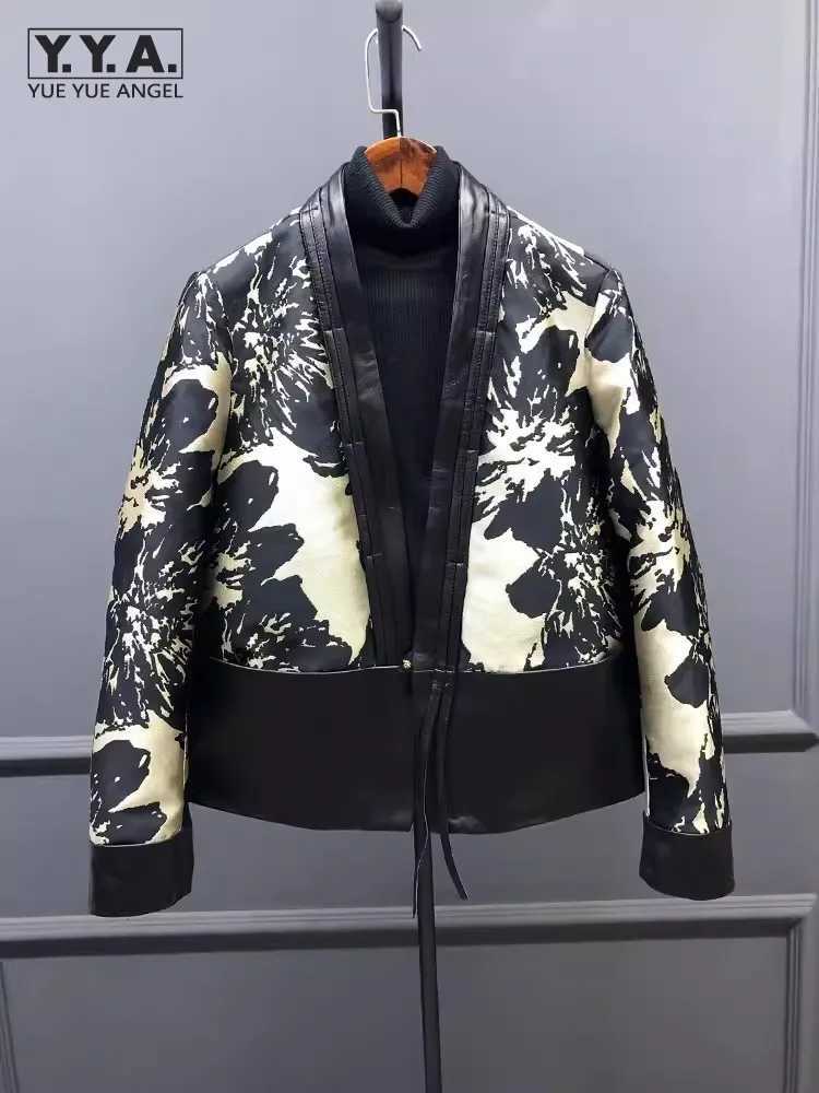 Style New Chinese Printed Patchwork Elegant Women Sheepskin Genuine Leather Jacket V-Neck Spring Autumn Office Ladies Short Coat C260921