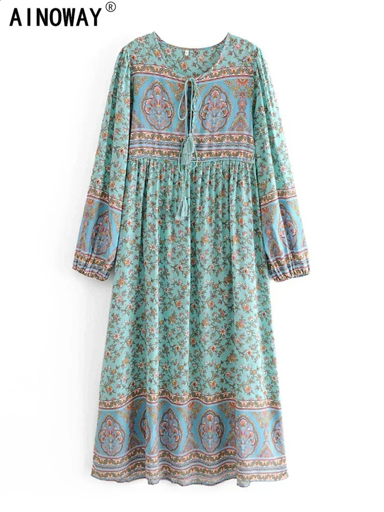 Vintage Chic Women Long Sleeve Neck Tie Ethnic Green Floral Print Beach Bohemian Maxi Dress Ladies Rayon Cotton Boho Dresses 260918