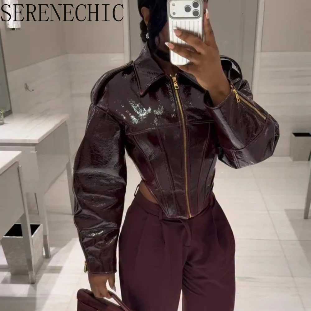 Women Retro SERENECHIC Cinched-waist Coated Leather Jacket Casual Lapel Sleeve Zipper Fishbone Coats Lady Daily High Street Coat C260921