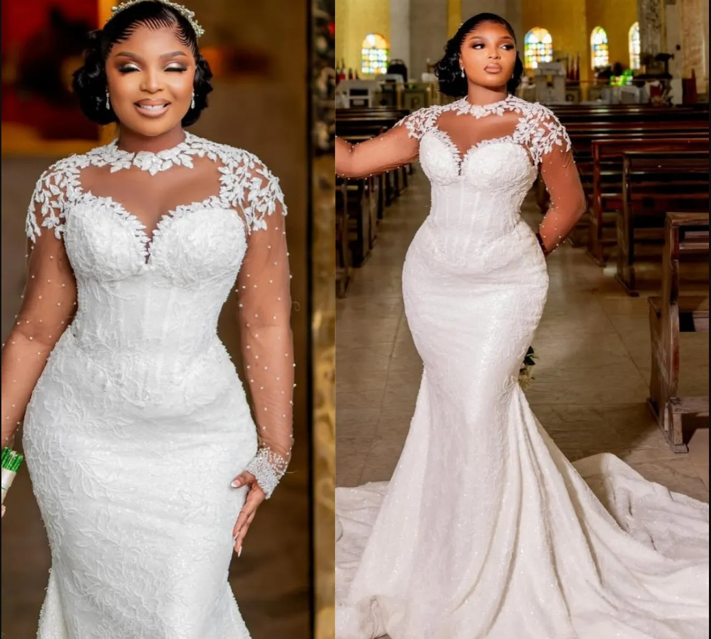 Elegant Mermaid African Wedding Dresses Sheer O-neck Long Illusion Sleeves Lace Appliques Pearls Beads Satin Bridal Gowns Arabic Dubai Vestidos De N