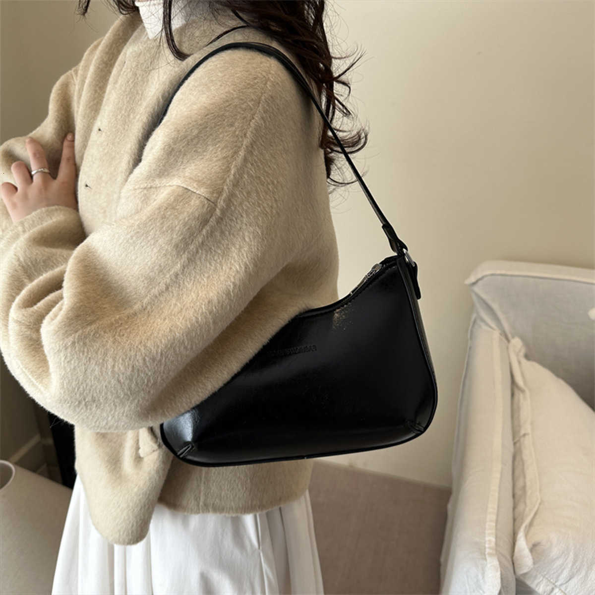 Color Cross Body Minimalist Solid Hobo Bag Glossy Finish Embossed Letter Lightweight PU Zipper Underarm Bag for Daily Commute and Shopping H260922