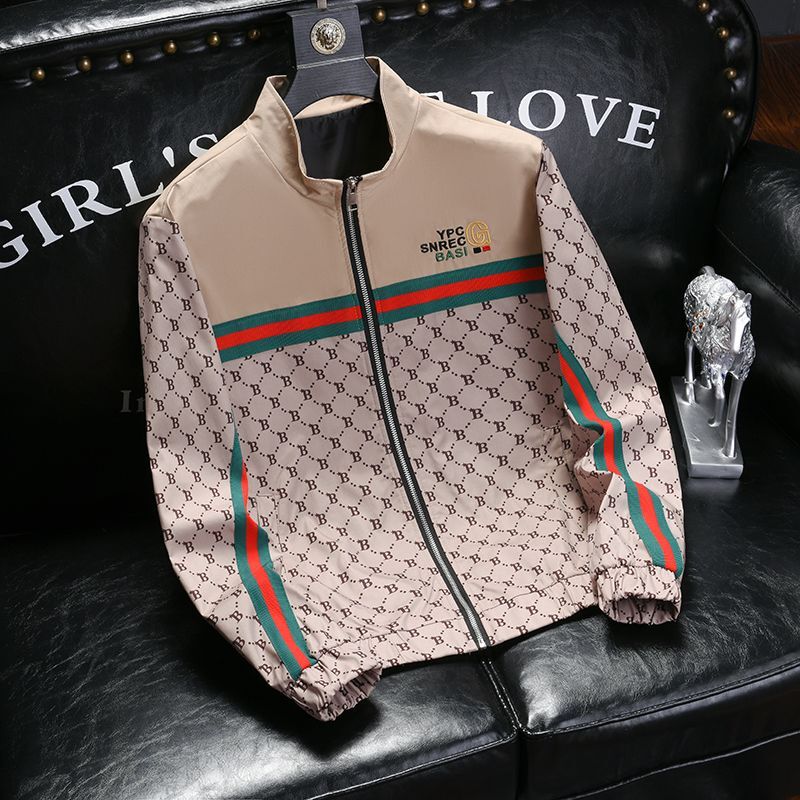 Men's Casual Jacket, Korean-Style Trendy Stand-Up Collar, European-Style Printed Design, Spring 2024, Long-Sleeved Top