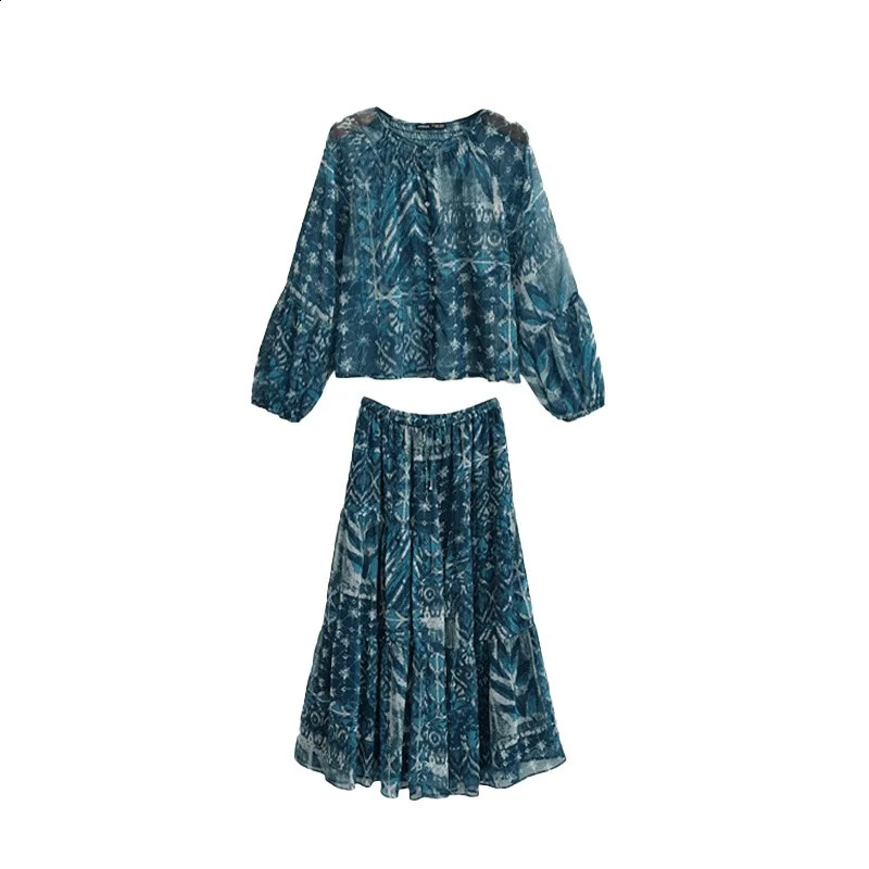 Womens Spring Long Sleeve Daily Casual Blue Floral Set Single Button Puff Sleeve Top Matching Skirt 260921