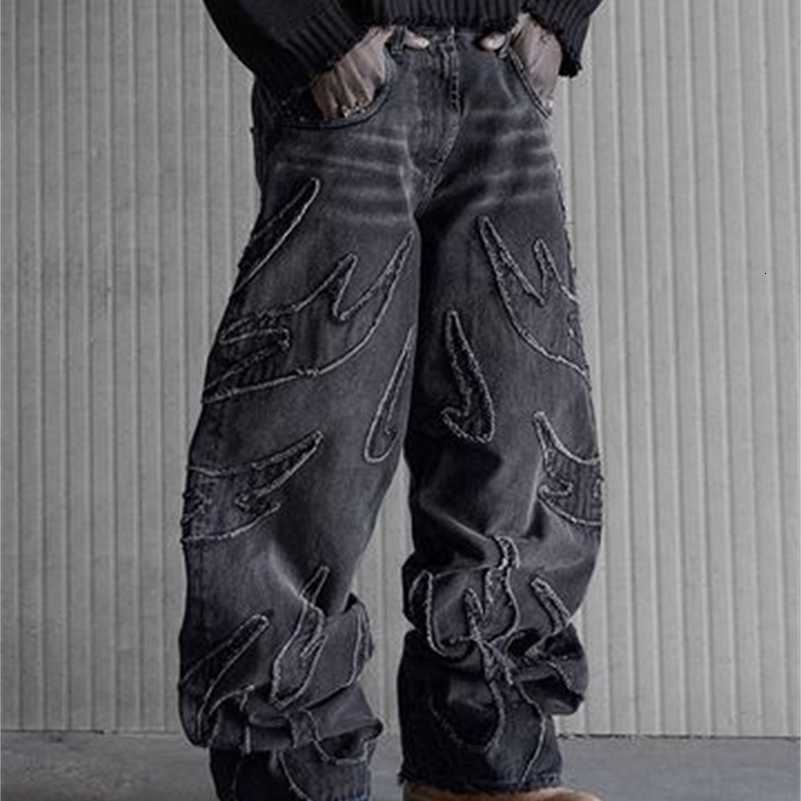 for Baggy Men Y2k Distressed Retro Black Pants Oversized Embroidery Wide Leg Trousers Strtwear S260922DTDG
