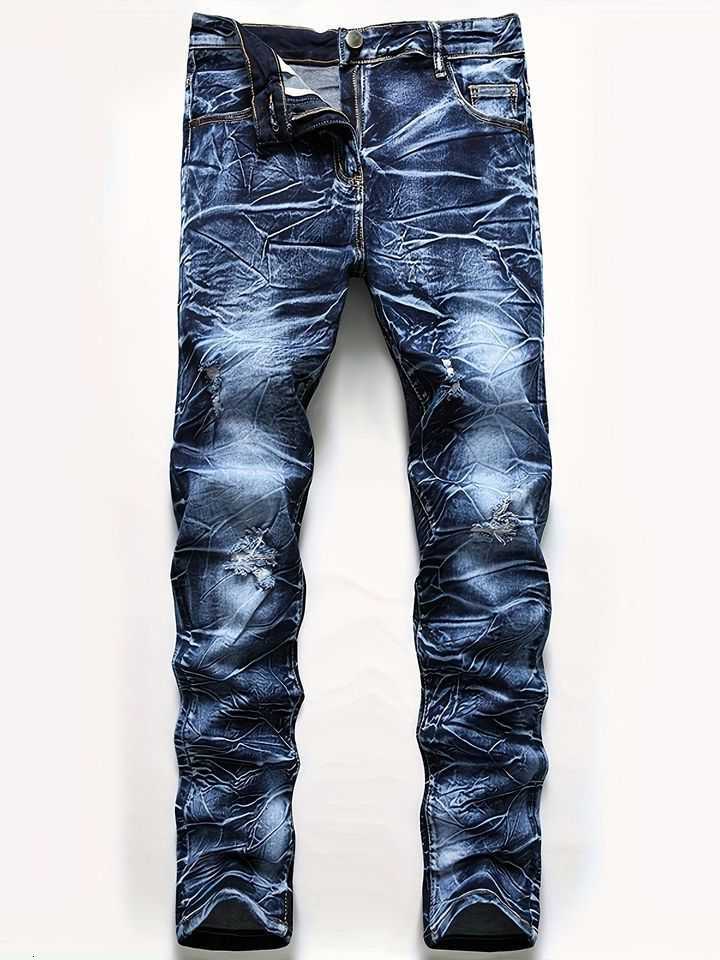 Jeans 2025 Men's Spring/Autumn Men's Jeans Stretch Multi Craft Denim Small Leg Pants Blue Green Slimming Men's Wear Perforated Denim