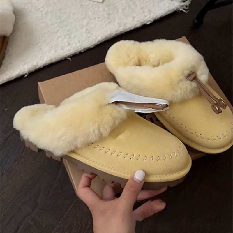 Designer Women Drawstring Fur Snow Boots Fluffy Wool Cuff Warm Lined Suede Winter Boots Thick Non slip Sole Casual Ankle Shoes