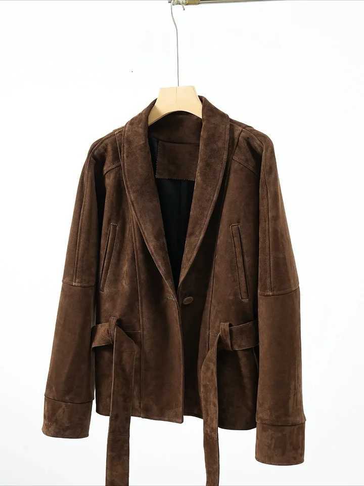 Faux Women's Leather Leather Retro French High-end Suede Leather Jacket for Woman Auburn Coat with Waistband Female Outwear lapel C260921