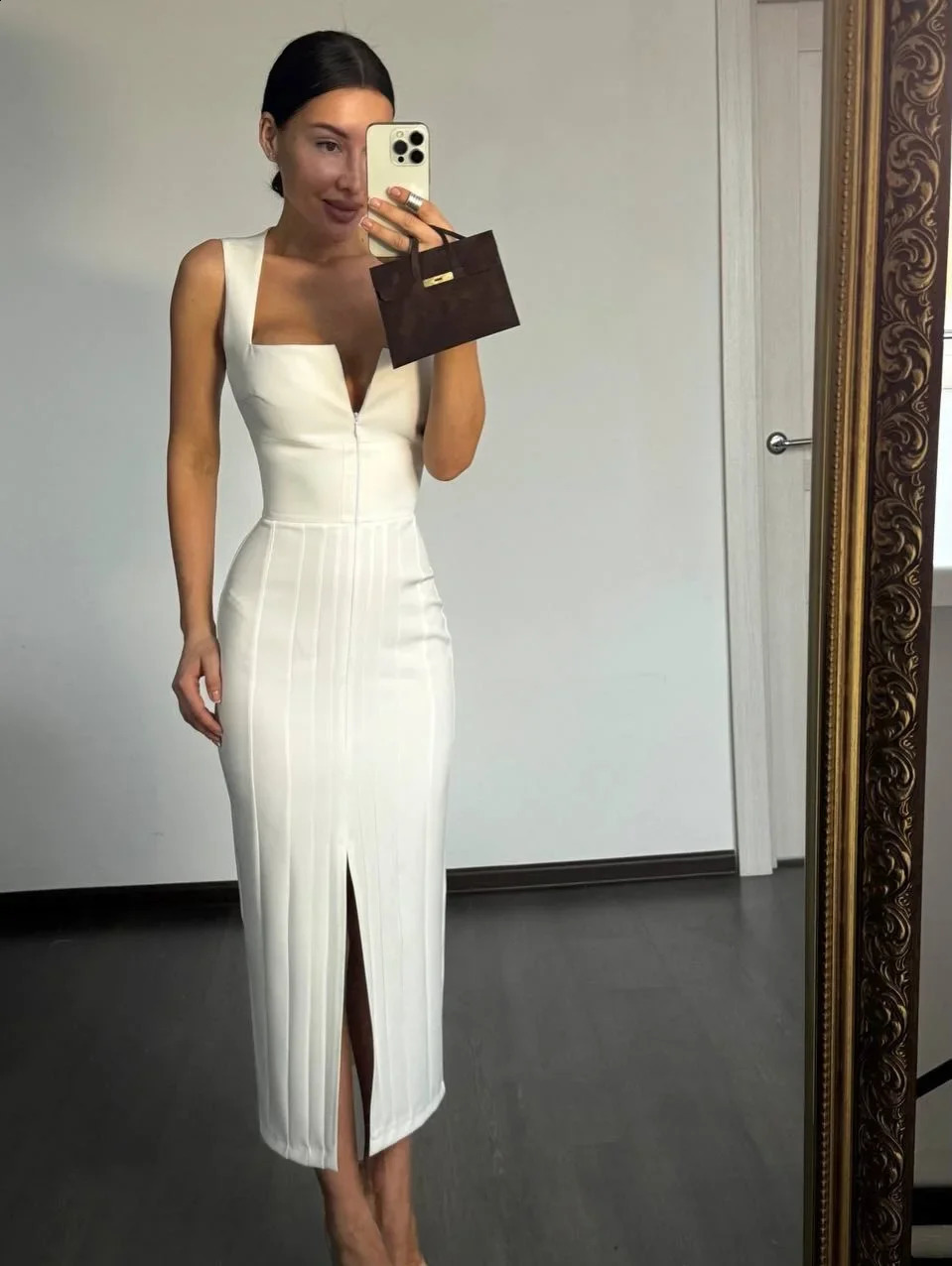 Square Neck Split Dress Women Fashion Zip Up Sleeveless Waistcinching Tight Fit Midi Dresses 2026 Summer Lady Party Gown 260921