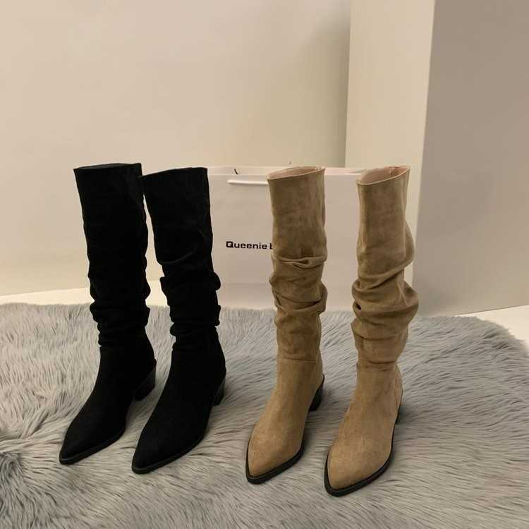 High Heel Suede Western Mid-Calf Boots for Women 2024 New Autumn Winter Fleece Lined Pointed Toe Slouchy Long Tube Riding Boots Q260922