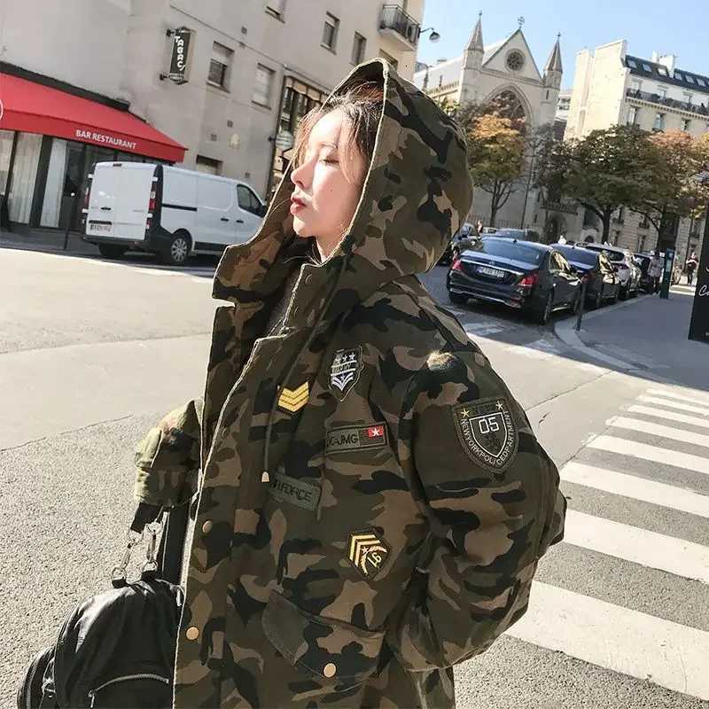 Women's Jackets Winter Camouflage Cotton Parkas for Women Thickened Long Style Unisex Fashion Korean Version Cargo Cotton Padded Coat Clothes C