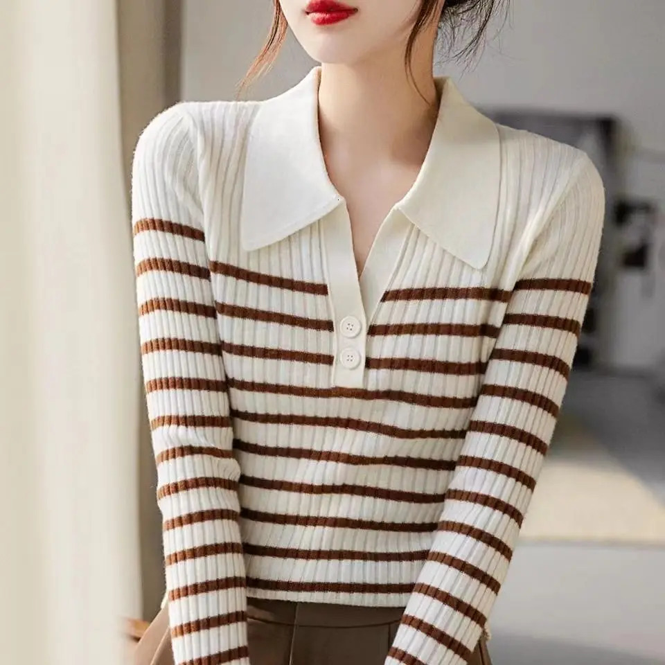 Polo Neck T Shirt for Women Long Sleeve Knitted Striped Woman Tshirt Autumn Winter Fashion 2025 Basic Clothing Trend Pulovers In 260922
