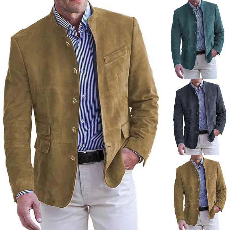 Men Blazers Solid Stand Collar Suits Single Breasted Blazer Business Jackets Long Sleeve Outerwear Cardigan Button Loose 260921