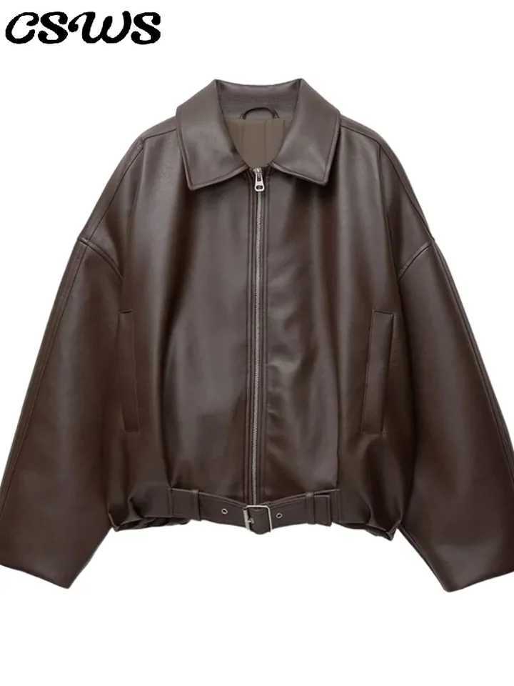 Women's Jackets Elegant Pu Zipper Jacket with Belt Women Long Sleeve Lapel Loose Pockets All-match Jacket 2026 Autumn Leather Street Coat Lady