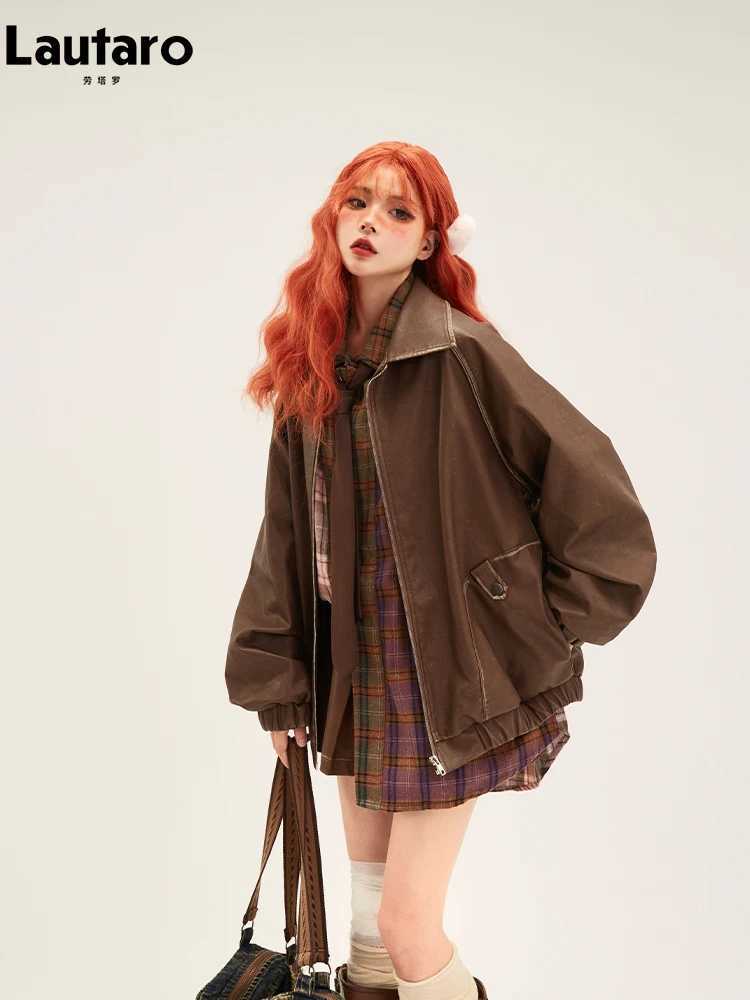 Spring Autumn Lautaro Cool Retro Oversized Distressed Black Soft Faux Leather Jackets for Women Zipper Maillard Style Clothes C260921