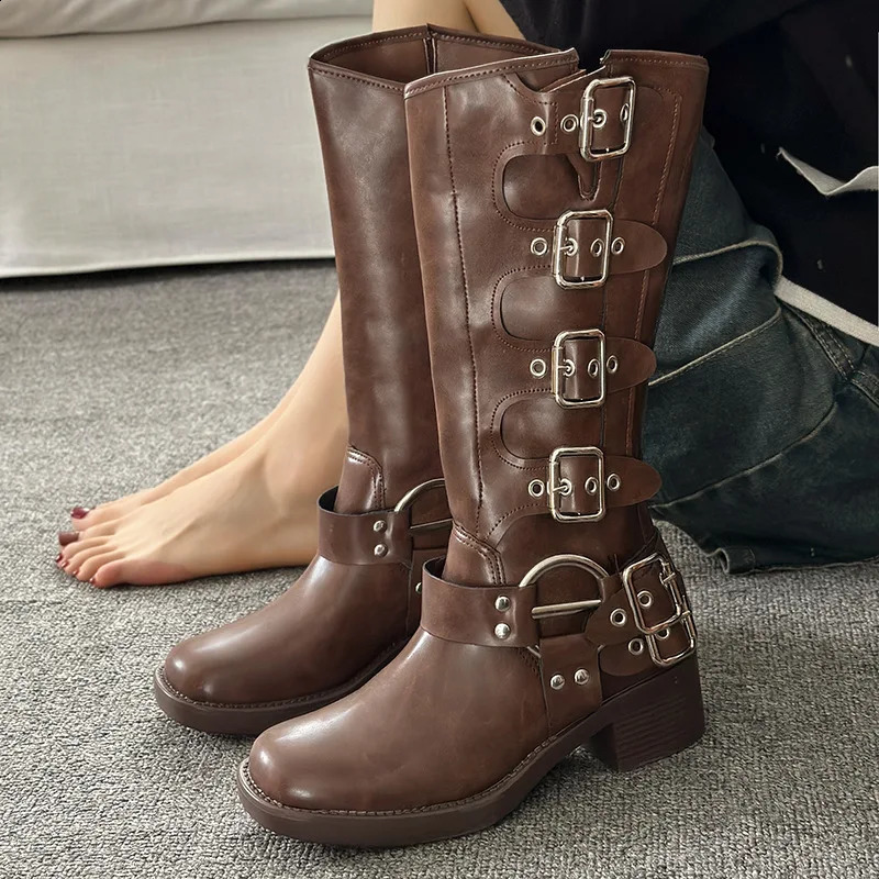 Metal Buckle Square Toe Knee High Boots Women Black PU Leather Punk Long Boots Woman Autumn 2025 Chunky Heels Motorcycle Booties 260921