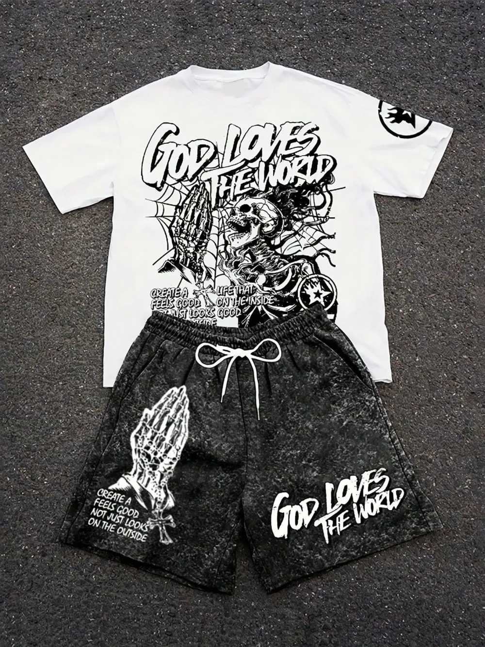 Tracksuits Men's Summer Men's New Skull Letter Print Comfortable And Breathable Round Neck T-shirt Drawstring Shorts Set Outdoor Streetwea
