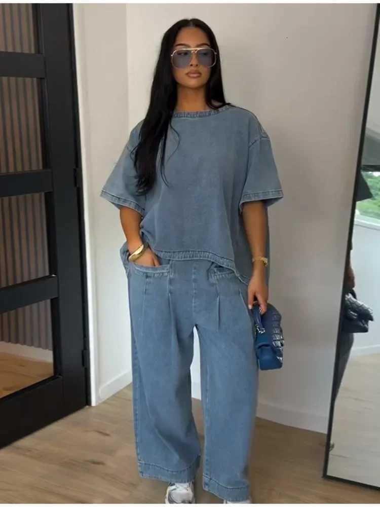 Round Baseball Sets Washed Denim Neck Short Sleeve Top Pleated Wide Leg Pants 2-Piece Set 2026 Summer Autumn Casual Women Chic Outfit N260922