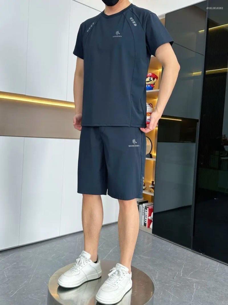 Qui Dry Elastic Ice Silk Sportswear Thin Ort Sve Two Piece Set For Men Summer Casual Comfortable Breathable Polyester