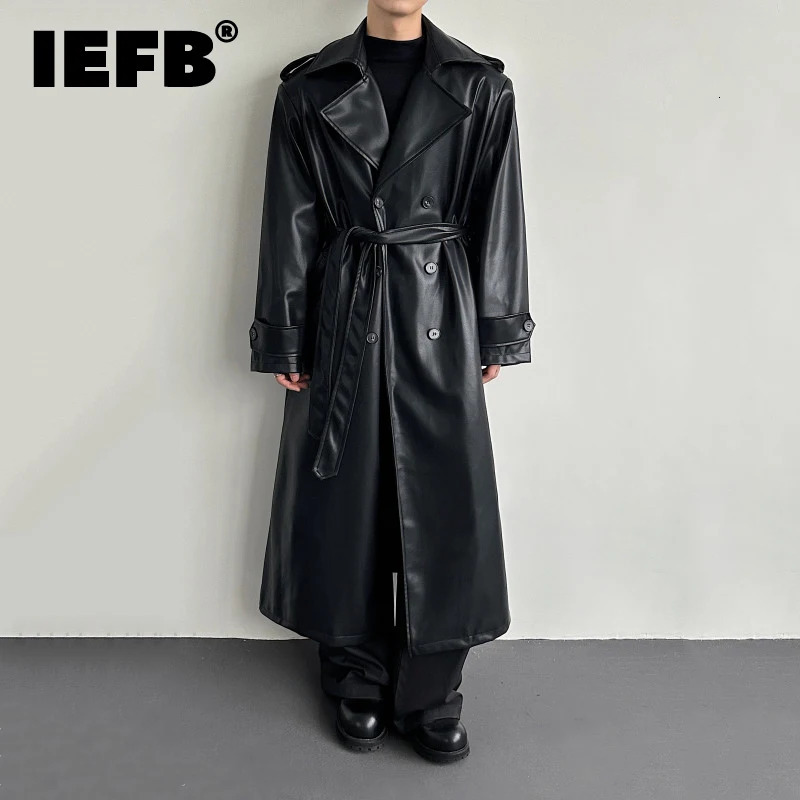 IEFB Mens Stylish LaceUp PU Leather Long Trench Coat Fashion DoubleBreasted Lapel Chic Black Long Overcoat Jacket CPG5187 260922