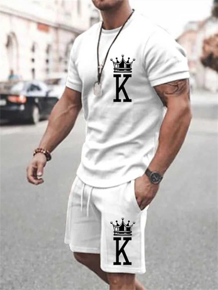Summer Men's Tracksuits New Men's Casual Suit Oversized Two-Piece Simple Casual Streetwear King Print Beach Suit Men's T-Shirt Shorts