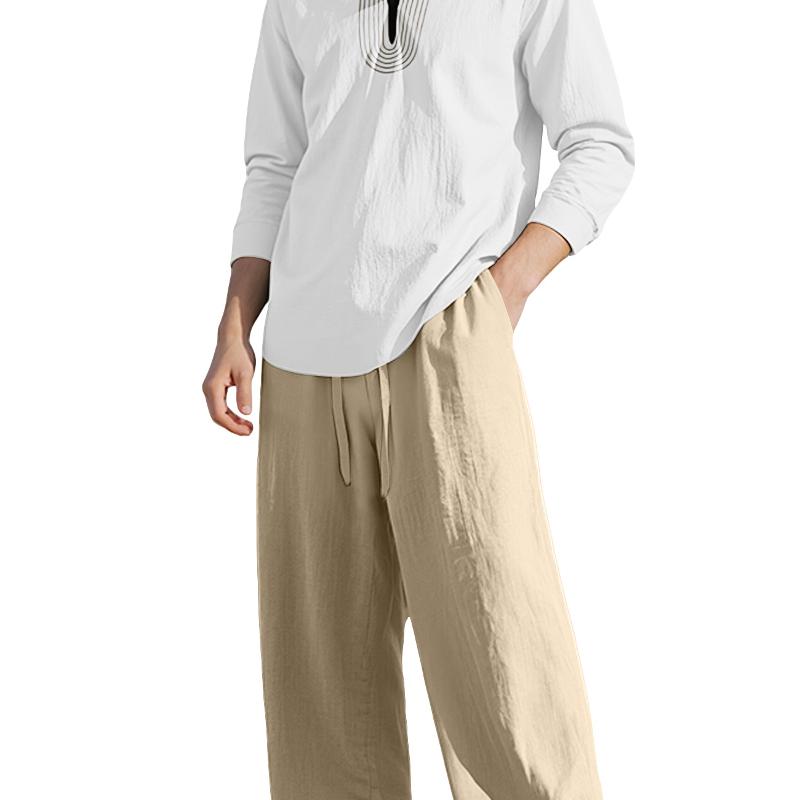 Costume de plage d'été deux pièces pour hommes, chemise en lin à manches longues et col en V brodé Vintage et pantalon ample à jambes larges avec