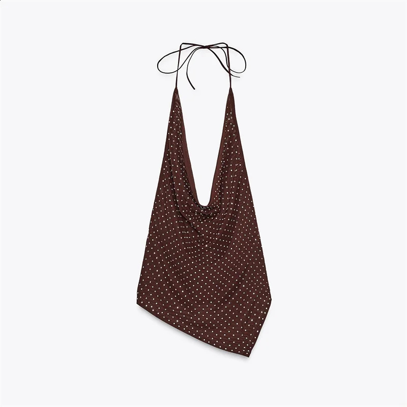 Women Summer Crop Tank Top Sleeveless Laceup Halter Cowl Neck Backless Vest Shiny Glitter Sequins Triangle Hem Camis 260921