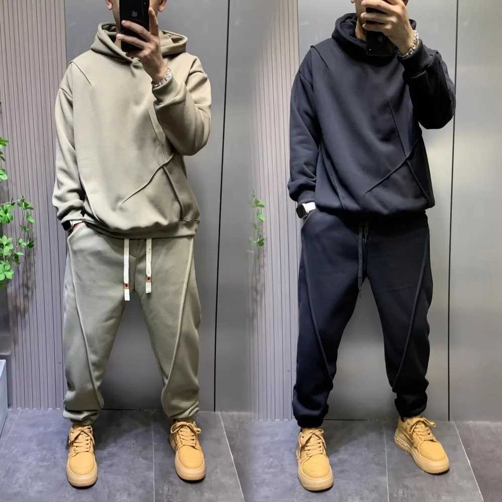 2Pcs Men's Tracksuits Men's Spring Autumn Tracksuit Solid Color Oversized Hoodie Pants Set Pinch Fold Streetwear Casual Loose Outfit J2609