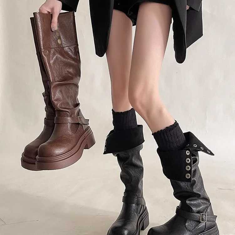 Designer Women's Boots 2026 new Platform Motorcycle Boots Buckle Strap Thick-soled Boots Feamle New Black PU Leather Western Knight Botas Mujer