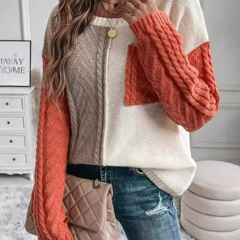 Designer Style Nouvelle Arrivée Haute Qualité Femmes Casual Couleur Bloc Poche Pull Pull Col Rond Manches Longues Top En Tricot Doux Élégant Auto