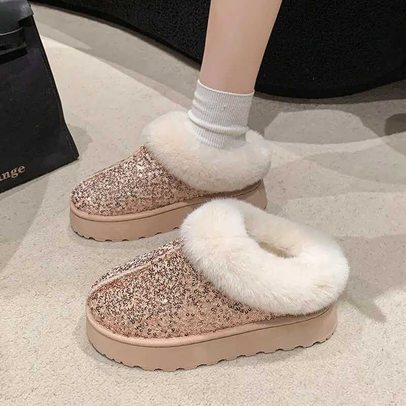Designer Sequin Fabric Furry Mules Slippers Women 2025 Winter Soft Thick Bottom Indoor Slippers Warm Plush Woman's Home Slides T260922