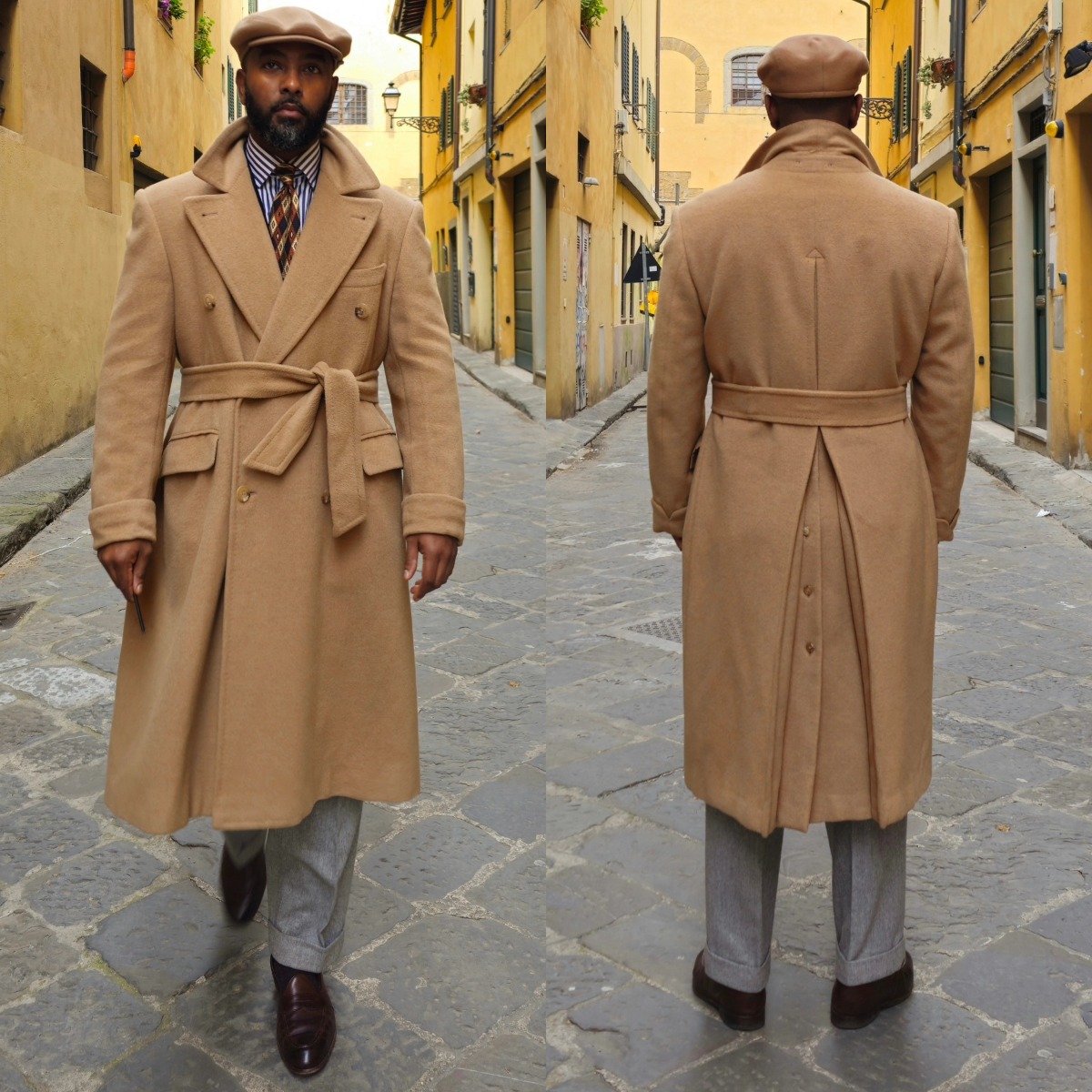 Vintage Men's Wool Long Coat Double Breasted Notched Lapel 1 Piece Winter Overcoat With Belt Customized Formal Business Wedding Guest Outerwear