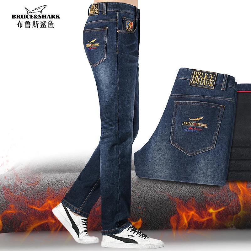Straight Winter Black Jeans for Men Bruce Shark Fleece Mid-wais Men's Jeans Fashion Casual Stretch Mens Jeans Big Size 42 260922
