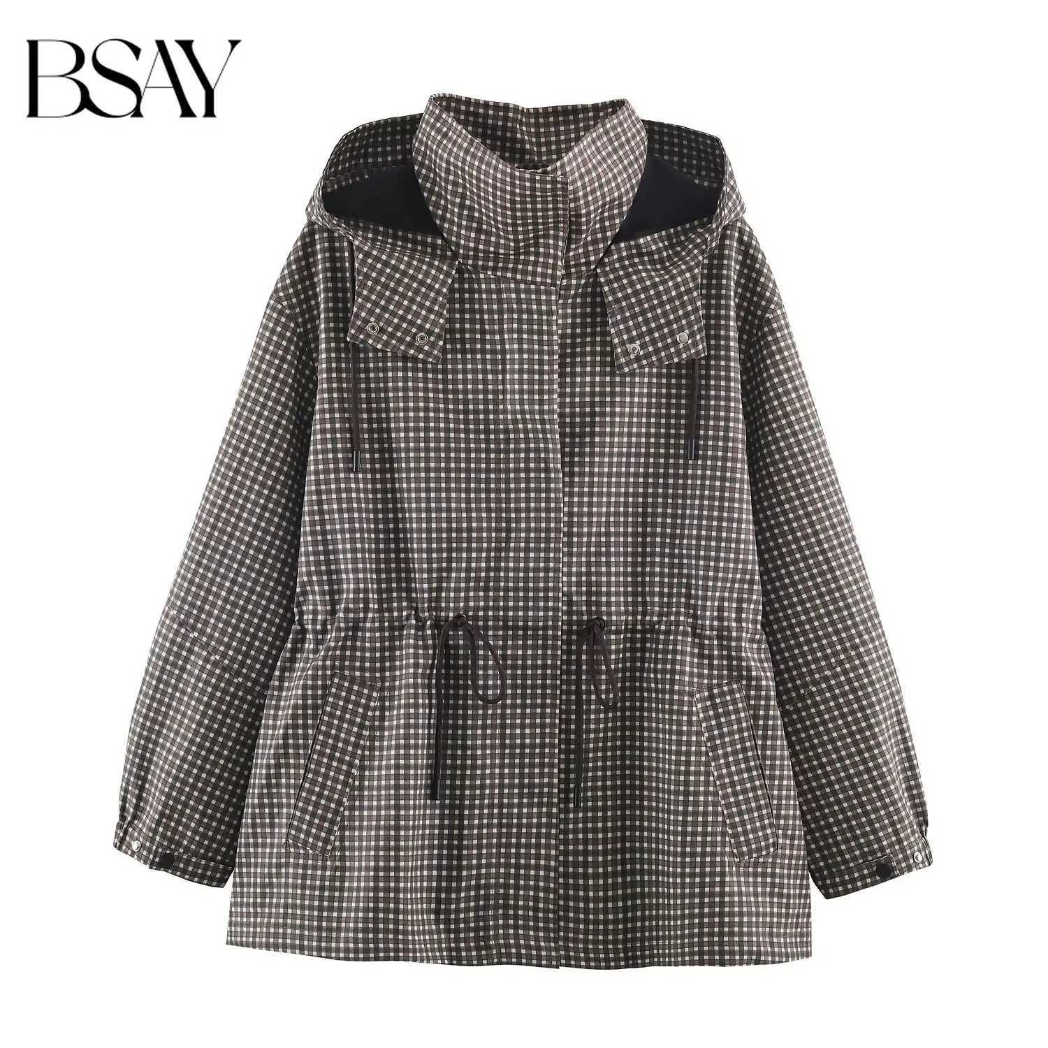 Women's Jackets BSAY 2026 Minimalist Women Plaid Hooded Windbreaker Drawstring Waist Loose Mid Length Check Long Sleeve Casual Outerwear Jacket