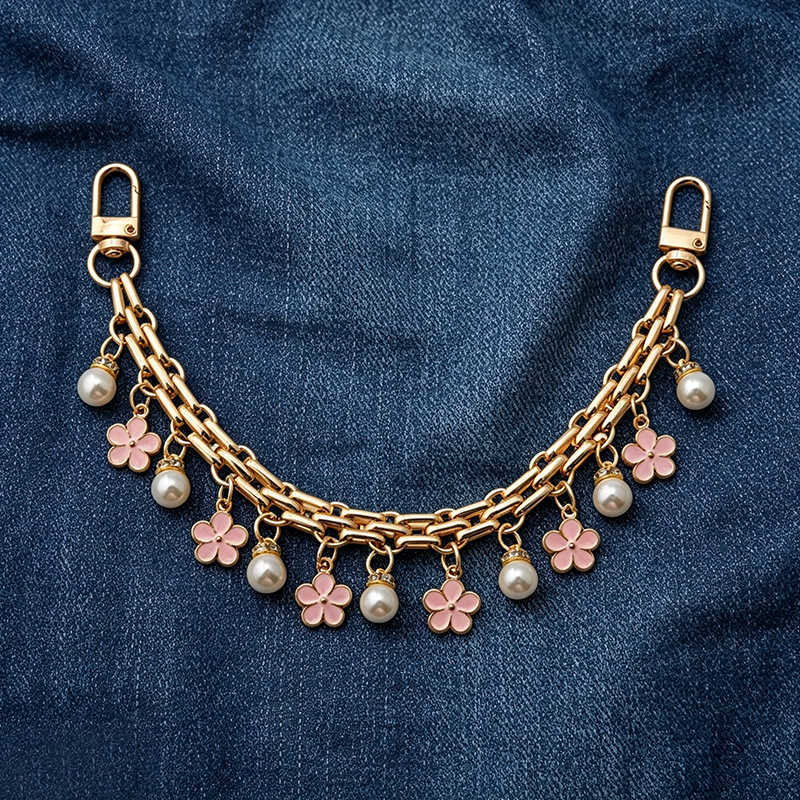 Chain Bag Parts Accessories Bag Cute Kawaii Pink Flower Pearl Gold Sweet Handbag Decor Purse Charm Chain for Tote Shoulder Clutch Bag Women Daily Gi
