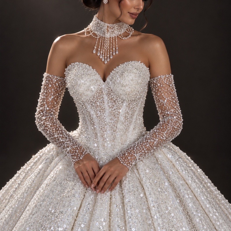 Pearl White Beading Appliques Wedding Dresses Decal Skirt Long Tail Arab A-Line Skirt Made Wedding Dress Bridal Gown